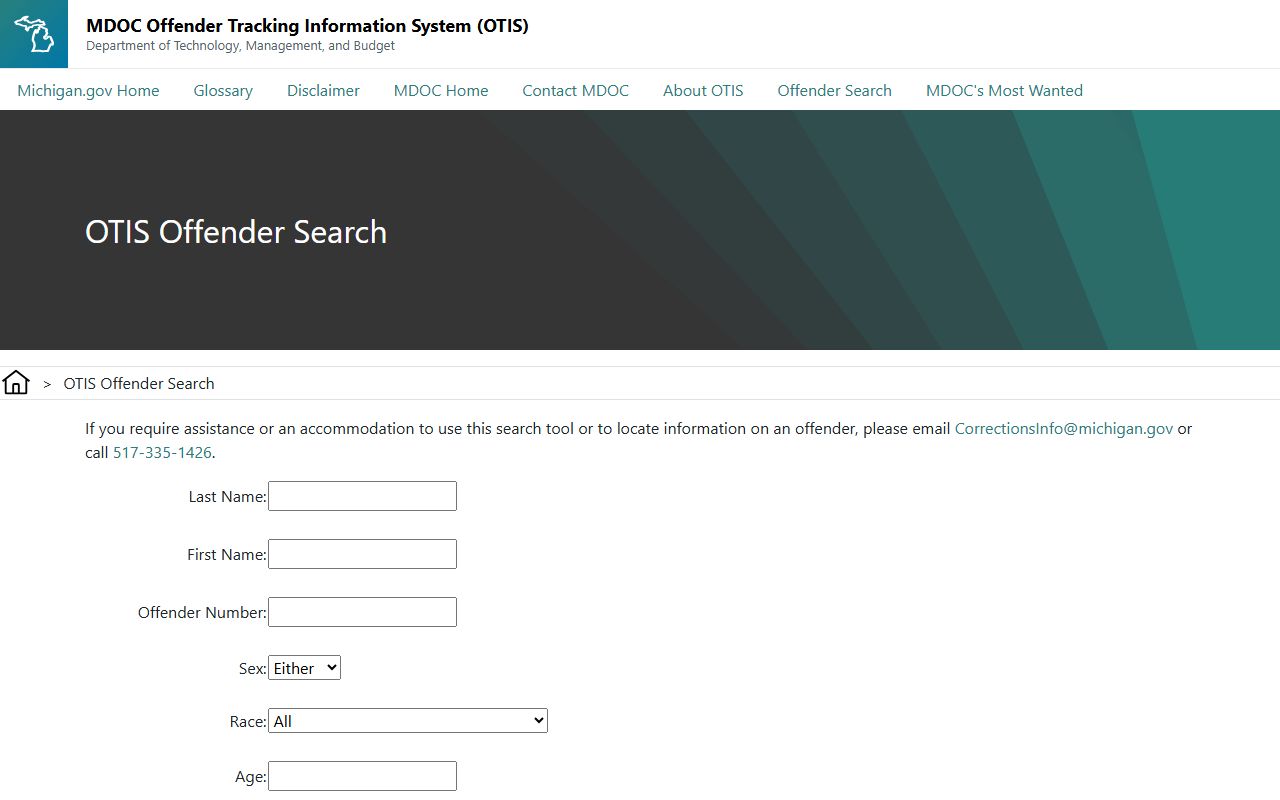 MDOC OTIS search fields for Oceana County sentenced prisoner lookup