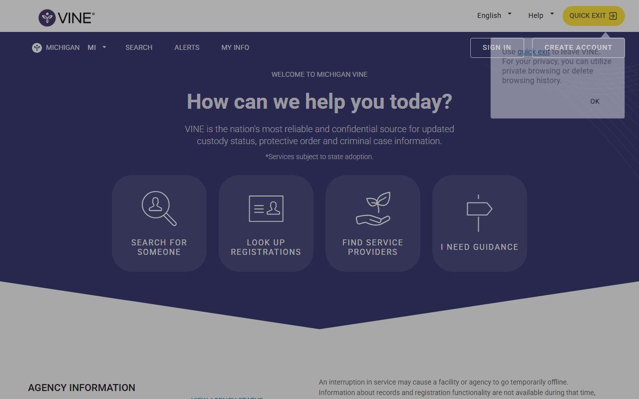 Michigan VINE search page for Oceana County inmate custody status