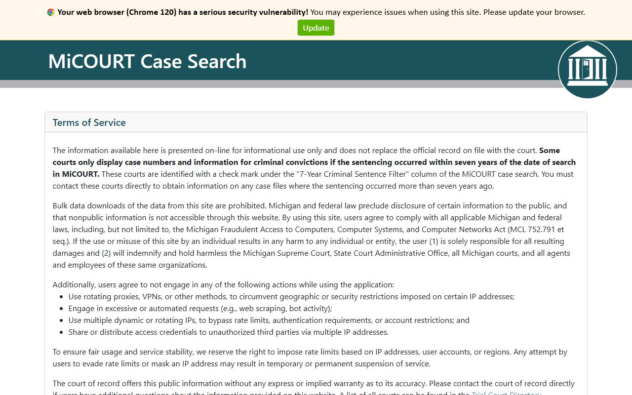 Oceana County court records after arrest search fields in MiCOURT