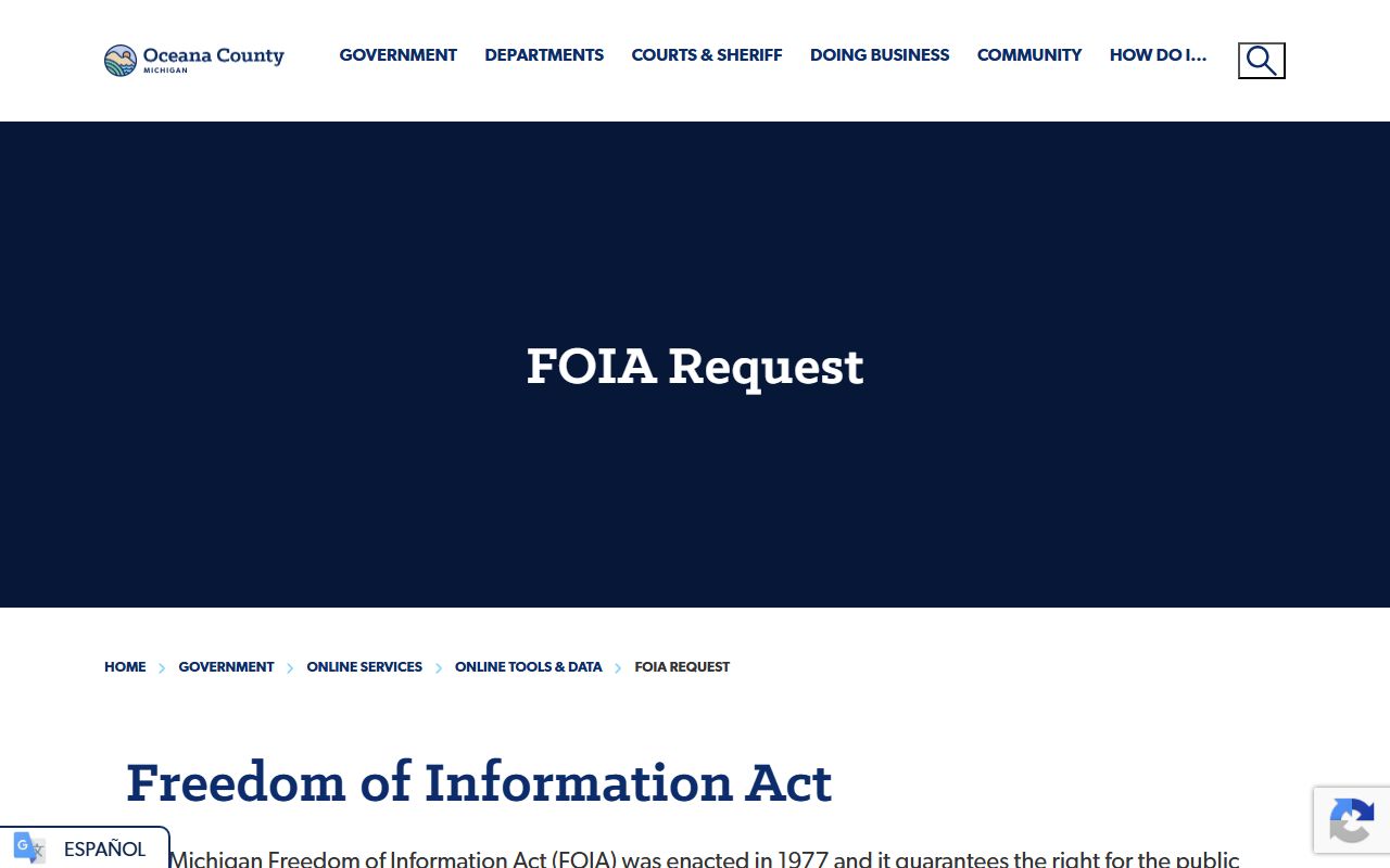 Oceana County FOIA page for jail mugshot and booking photo requests